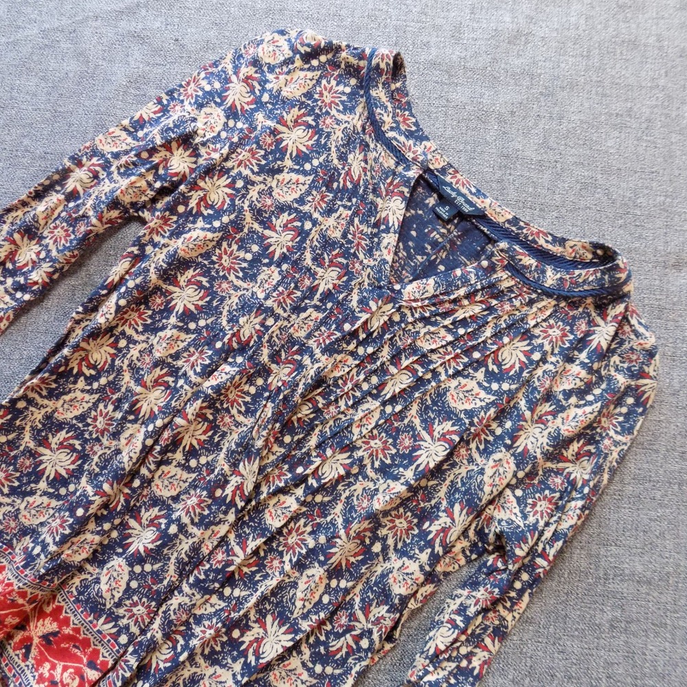 Lucky Brand Floral Blouse Womens Small‎ Blue Red Good Boho Split Neck Top